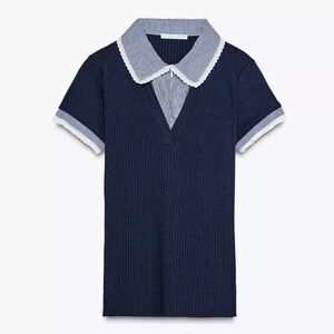 NWT Zara Ribbed Peter Pan Collar Top Size Medium